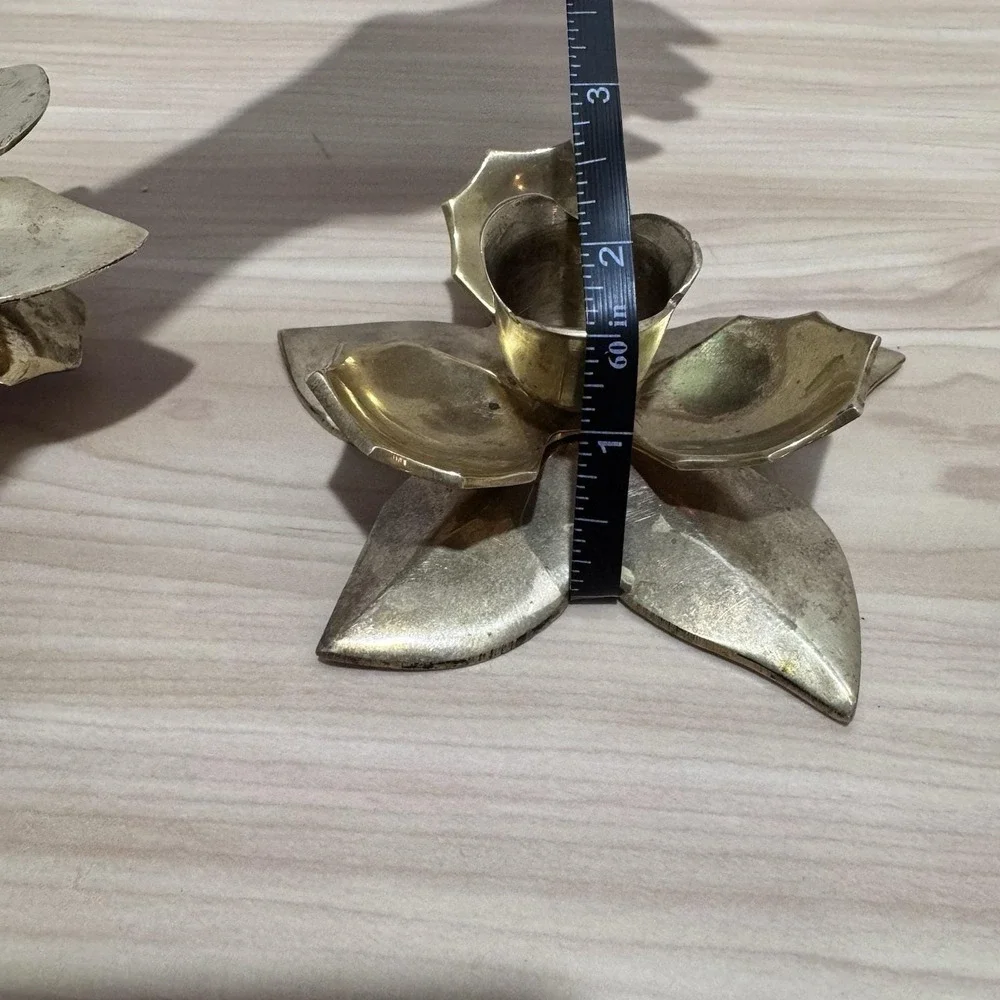Pair Of Vintage Solid Brass Flower Lotus Water Lily Taper Candlestick Holders